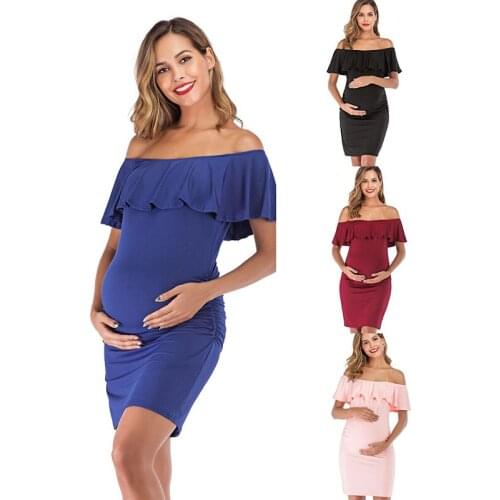 2019 NEW Ruffles Off Shoulder Maternity Dress Women Dress Baby Shower Pregnancy Clothes Ruched Sides Bodycon Dresses Elegant