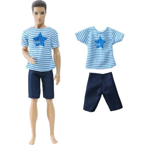 BJDBUS One Set Men Doll Outfit Blue Striped Pattern Shirt Daily Wear Tops Jeans Pants Prince Clothes for Ken Doll DIY Baby Toys