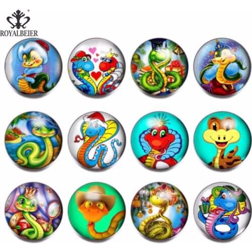 RoyalBeier 12pcs/lot Cute Snake Pattern Mixed Glass Charms 18mm Snap Button For 20mm Snap Bracelet Snap Jewelry