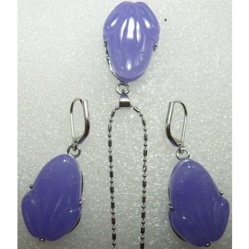 2 colors wholesale Ladys beautiful handmade carved purple/green purple Natural jade frog beads pendant earring set