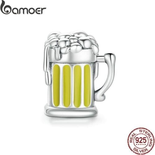 Bamoer Beer Glass Charm fit Original Snake Bracelet 925 Sterling Silver Women Jewelry DIY Beads Enamel process Making SCC1671