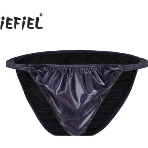 IEFiEL Navy Blue Mens Shiny Ruched Faux Leather High Cut Low Rise Bikini Briefs Underwear Underpants Gay Lingerie Panties