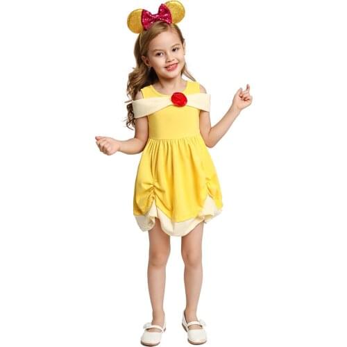 Fairy Tale The Beauty and the Beast Inspired Girls Casual Dress Princess Cotton Costume Knee Length Belle Frock Kids Summer Wear