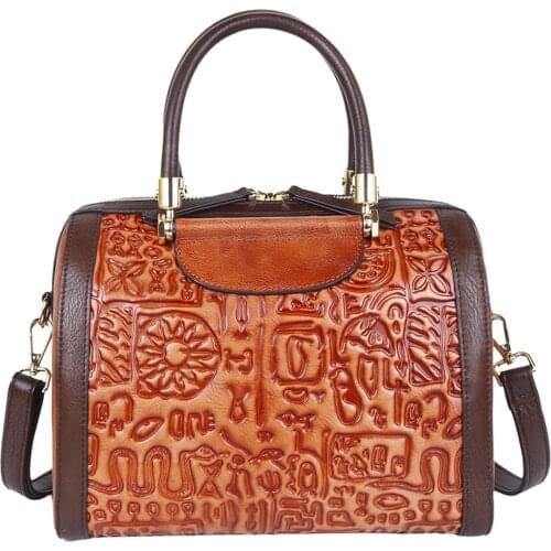 Genuine Leather Bag Female Top Handle Messenger Bags Embossed Design Retro Design Handbag Natural Skin Women Tote Shoulder Bag