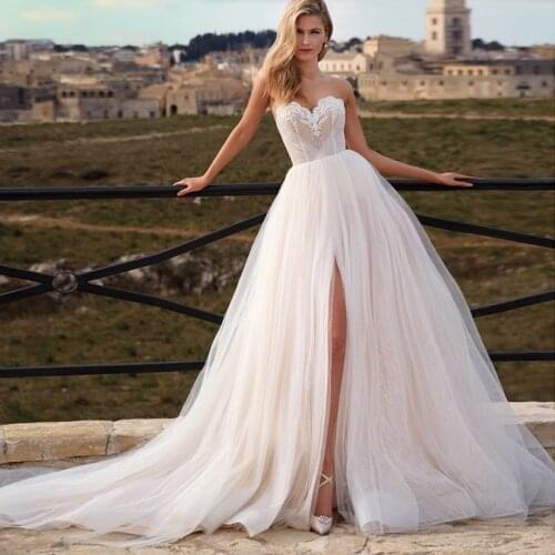 Custom Made Boho Sweetheart Beach Wedding Dresses Front Slit Appliques Tulle Sweep Train Bridal Gowns Suknia ślubna