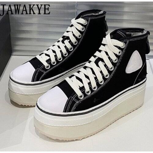 Super Thick Sole Canvas Sneakers Ankle Boots Round Toe Lace up martin Boots Platform Design Chelsea Winter Fashion Botas mujer