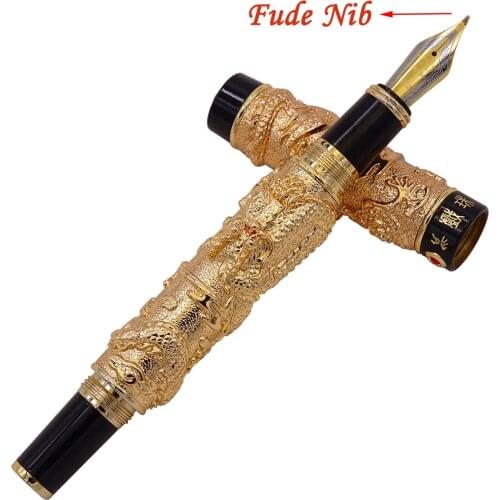 Jinhao Vintage Gold-Black Ring Fountain Pen Double Dragon Calligraphy Fude Nib Metal Carving Embossing Heavy Gift Pen Collection