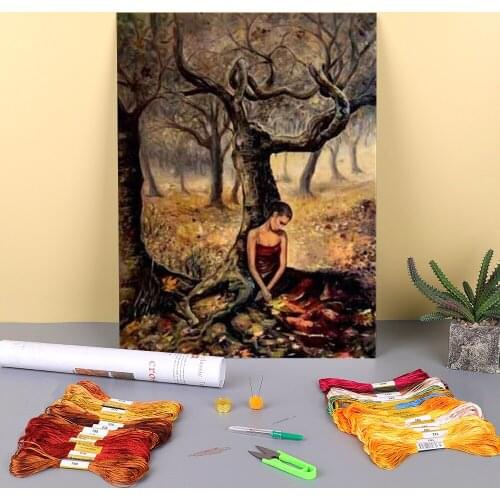 Portrait Woman Printed Water-Soluble Canvas 11CT Cross-Stitch Embroidery Set DMC Threads Painting Handmade work Promotions