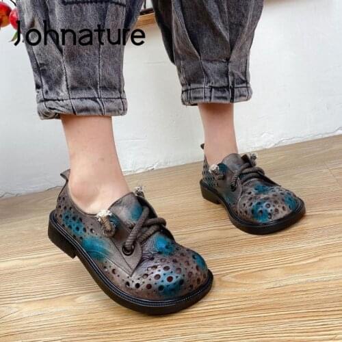 Johnature Retro Women Sandals Summer Shoes 2021 Mixed Colors Lace-Up Genuine Leather Hollow Handmade Leisure Platform Sandals