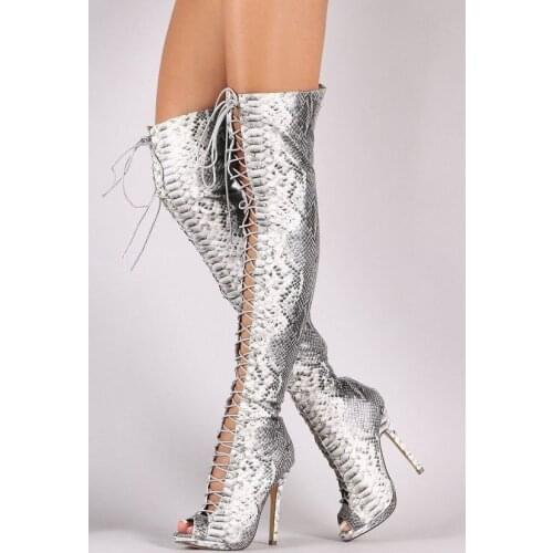 Sestito New Hot 2018 Female Sexy Snakeskin Lace-up Thigh Hgh Heels Cross-tied Sandals Boots Woman Peep Toe Over-the-knee Boots
