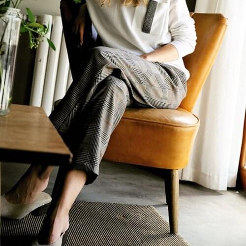 Fall Winter 2019 with sheepskin belt high waist wool plaid pants women