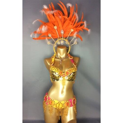 Hot selling Sexy Samba Rio Carnival Costume new belly dance costume with hot pink & orange Feather Head piece free shipping