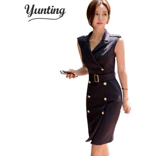 2020 Spring Summer OL Business Vestidos Women Double-breasted Sheath Bodycon Pencil Dress Belted Waist Wear To Work Dresses