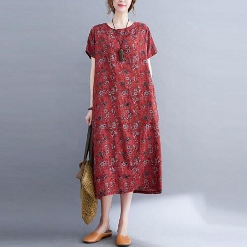 Women Cotton Linen Casual Dress New Arrival 2021 Summer Vintage Style Floral Print Loose Comfortable Female Long Dresses B564