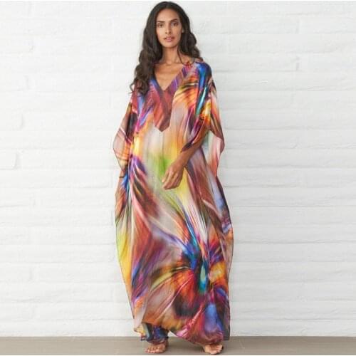 Dreamy Kaftan Colorful Tie Dye Rainbow Random Print Maxi Dress For Women Comfortable Loungewear Exclusive Design Effortless Robe