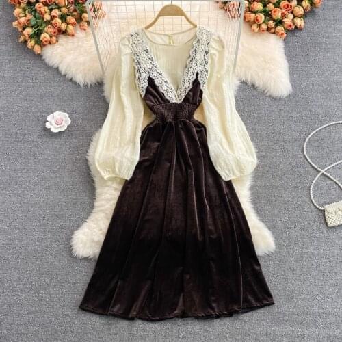 Aibeautyer New Autumn Casual A Line O Neck Chiffon Pullover Lady Full Dress Solid Slim Puff Sleeve Women Mid-Calf Dresses