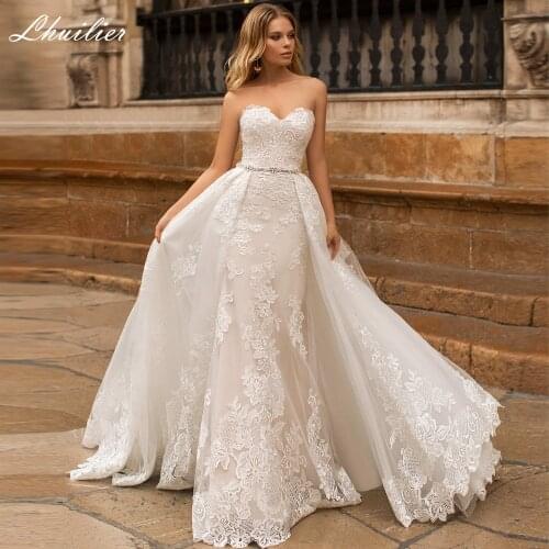 Lhuilier Elegant Strapless Mermaid Lace Wedding Dresses 2021 Sleeveless Floor Length Bridal Dress with Beaded Detachable Train