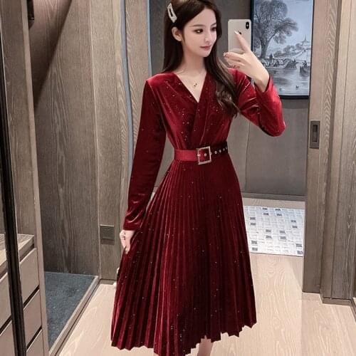 Elegant Winter Velvet Dress Women Pleated Belt V Neck Long Sleeves Autumn French Vintage Black Red Blue Calf Length Dresses 2020