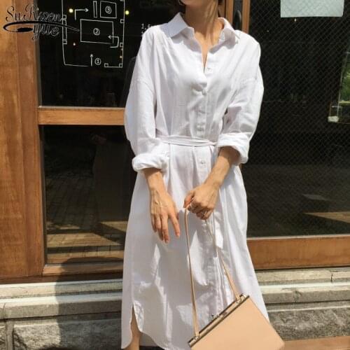 2021 New Autumn Fashion Tide White Turn-down Collar Long Sleeve Single Breasted Pockets Sashes Woman Dress 12806