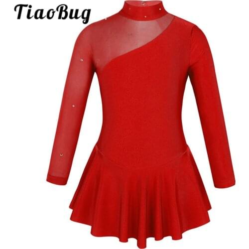 Kids Teens Rhinestones Tulle Long Sleeves Ballet Gymnastics Leotard Girls Performance Lyrical Dance Costume Figure Skating Dress