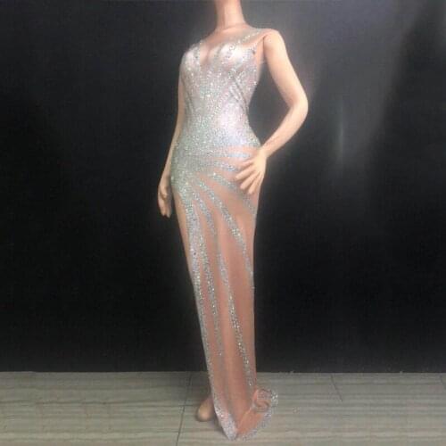 Sparkly Rhinestones Sexy Long Big Tail Dress Female Singer Nightclub Full Diamond Jumpsuit Holiday Party Celebrate Wear DJ369