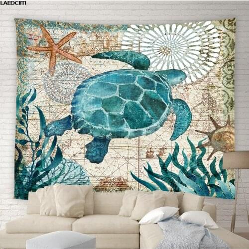 Sea Turtle Bohemian Tapestry Octopus Ocean Animal Vintage Nautical Map Background Wall Hanging Living Room Bedroom Home Decor