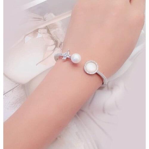 European Style Fashion Pavé Crystal Pearl Open Bracelet Women Light Luxury Temperament Wedding Party Jewelry Girlfriend Gift