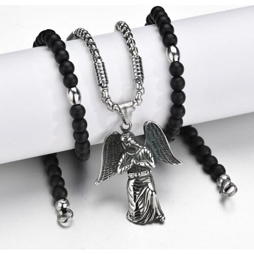 Christian Lucky Angel Stainless steel Pendant Necklace Black Stone Beads Necklaces for Men Women Christian Jewelry