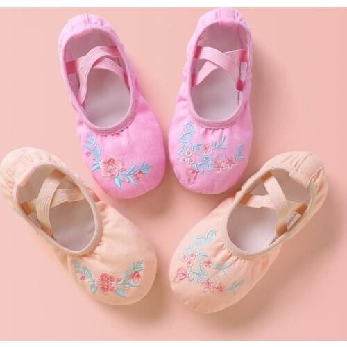 Kids Dance Embroidery Flower Ballet Shoes Children Girls Professional Canvas Soft Sole Shoes for Ballet