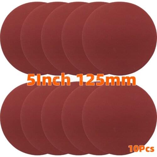 10PCS 5 Inch 125MM Aluminum Oxide Dry Sandpaper Sanding Discs Hook Loop For Stone Round Red Disk Sand Sheets Disc Self Adhesive