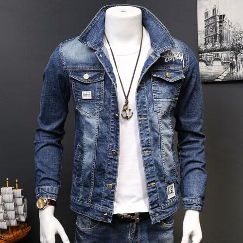 Men denim jacket new trend student slim handsome autumn Outerwear Streetwear Many pockets Cotton Button Coats thin