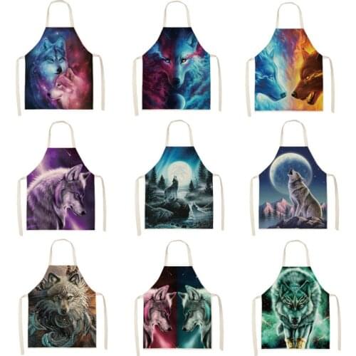 1Pcs Wolf Moon Star Pattern Cleaning Art Aprons Home Cooking Kitchen Apron Cook Wear Cotton Linen Adult Bibs 53*65cm WQ0177