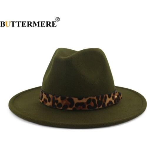BUTTERMERE Fedoras Hats For Women Wide Brim Felt Hat Ladies Tweed Army Green Jazz Cap Female Leopard Winter Elegant Pork Pie Hat