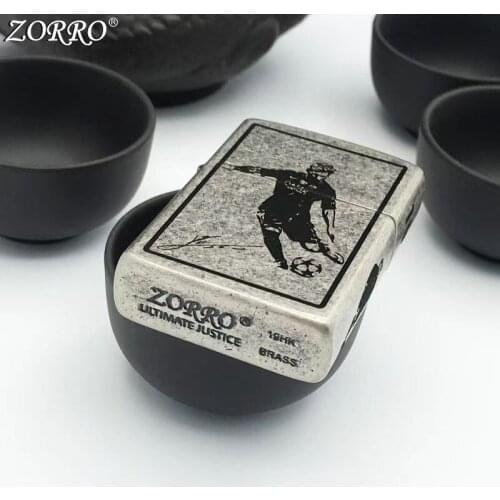 Zorro Kerosene Lighter Pure Copper Old Silver Five Side Carving Football Star Creativity Men Gift Collection Smoking Tool