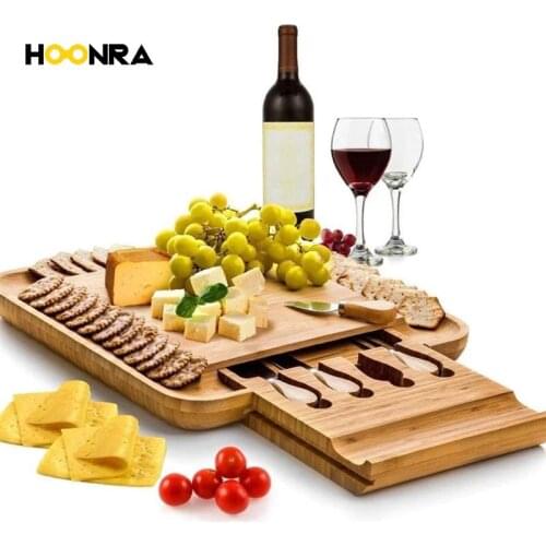 HOONRA Bamboo Cheese Board Cutter Set Slide-out Drawer Serving Platter Tray Cutting Board For Cheese Vegetable Kitchen Storage