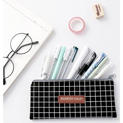 Plaid Dot Pattern Zipper Pen Bag Holder Pencil Case Stationery Storage Pouch