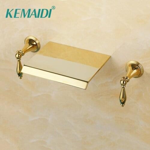 KEMAIDI 3 Pieces Set 2 Handles Golden Plated Bathtub Faucets Gold Bathroom Faucet Deck Mounted Basin Sink Faucet Mixer Tap