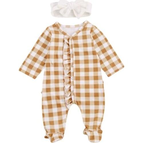Newborn Baby Girl Cute Footed Pajamas Long Sleeve Plaid Printed Ruffle Romper Jumpsuits Autumn Baby Clothes