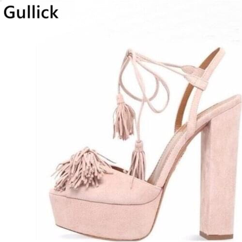 Fashion Suede Fringed Platform Sandal Summer Newest Sexy Peep Toe Lace-up Sandal Thick Heels Shoes For Women Party Dress Shoe