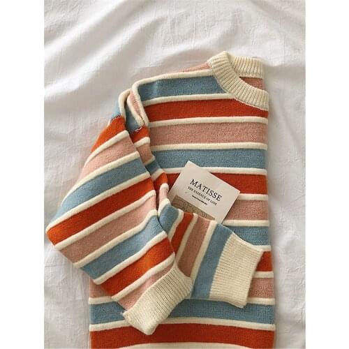 2021 New Womens Stripe Sweater Autumn Winter Loose Long Sleeve Pullover Tops Korean Ladies Knitted Patchwork Korean Sweaters