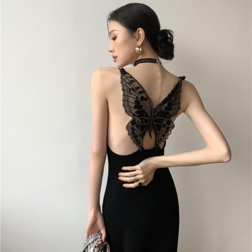 New Women Dress Backless butterfly Hollow Out Patchwork Elegant Black Mid-Calf Dress Fashion Spaghetti Strap Sexy Female Dress