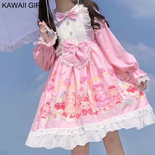 Kawaii Japanese Lolita Dress Women Spring 2021 New Sweet Cute Vintage Bear Tea Party Lolita Soft Girl Lace Ruffle Pink Dress OP