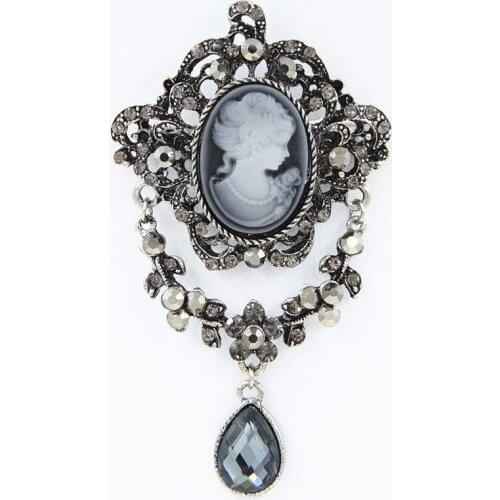 Retro Stylish Luxury Waterdrop Pendent Crystal Graceful Lady Cameo Brooch Hot Selling Luxury Brooch PINS