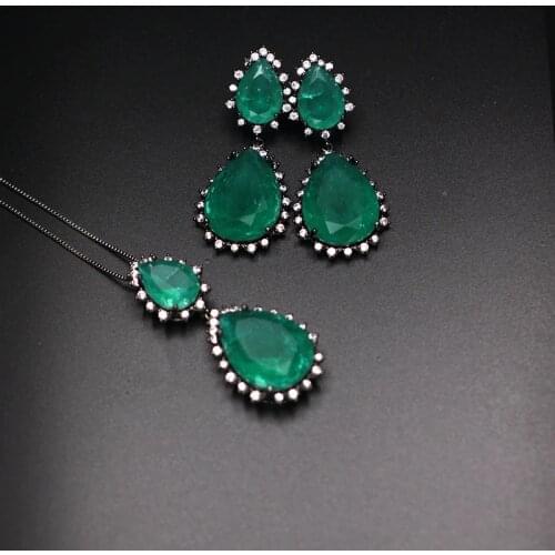 Big Water Drop Fusion Stones Pendant Necklace Stud Earrings Jewelry Sets For Women Cubic Zirconia Charms Long Earring Jewelry