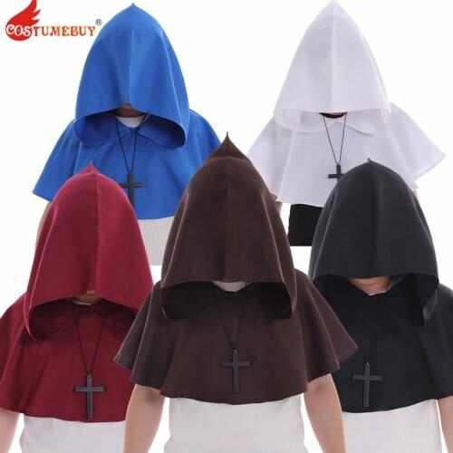 Costumebuy Medieval Renaissance Hood Polyester Capelet LARP Mantle Hat Cape Cosplay Accessory + Cross Necklace Halloween Costume