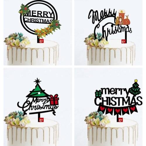 New Merry Christmas Acrylic Color Printing Cake Toppers Santa Claus Elk Baking Cake Toppers for New Year Party Cake Decorations