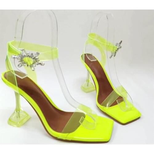 Summer sexy lady fashion womens sandals neon yellow pvc clear Transparent crystal strappy high heels shoes