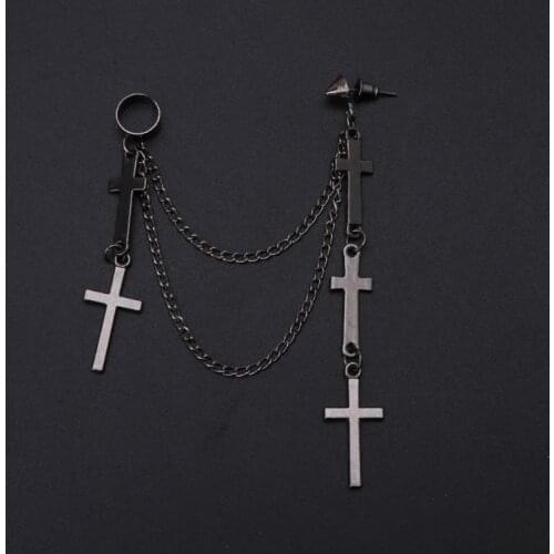 Gothic Punk Cross Long Tassel Double Chains Ear Cuff Earrings Fashion Jewelry E56A