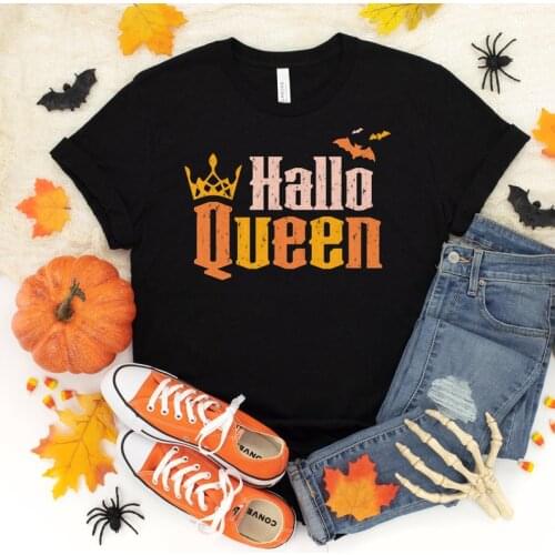 HalloQueen Halloween Shirt Trick or Treat Funny Halloween Fashion Girl Casual Cotton Neck Female Streetwear Short Sleeve Top Tee