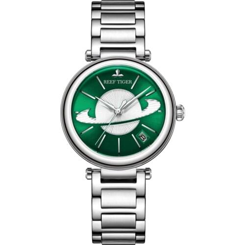 Reef Tiger RGA1591 Women Luxury Planet Dial Sapphire Mirror Lady Automatic Self Wind Meachanical Wrist Watches - Silver